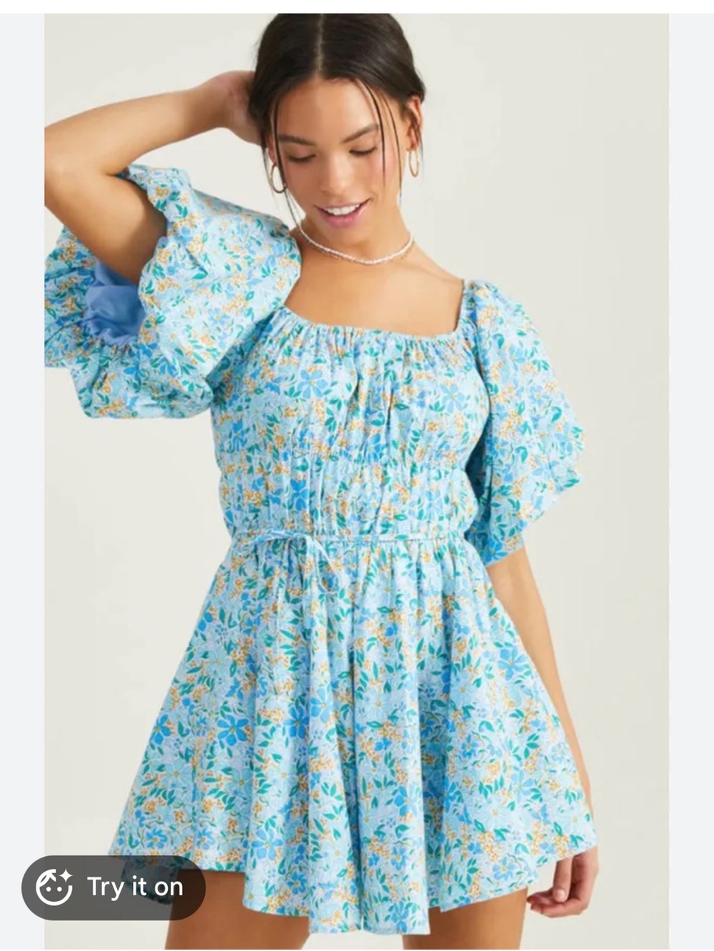 Altar’d State Blue Floral Puff Sleeve Mini Dress Size M